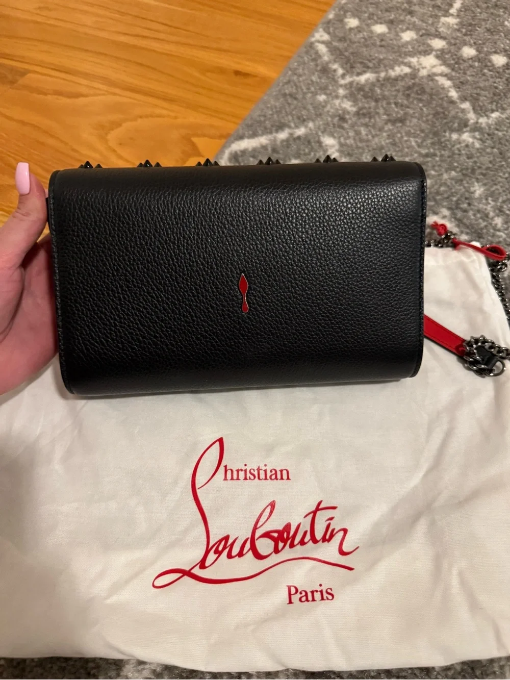 Christian Louboutin Black Leather Studded Crossbody with Red Shoulder Pad